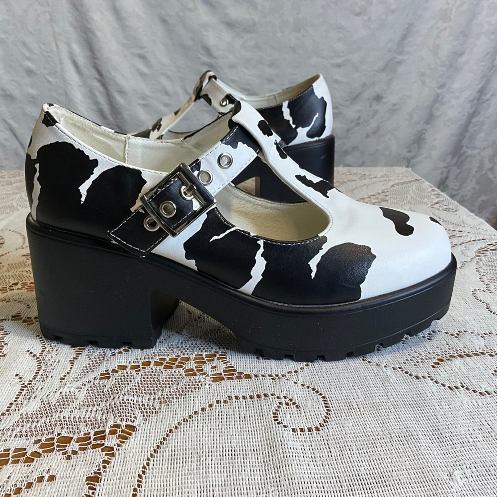 Koi Footwear Cow Print‎ Platform Mary Jane T-Strap Block Heel Shoes Black White